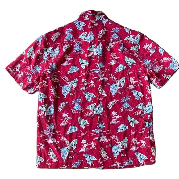 Caribbean Red Hawaiian Palm Leaves Tress 3 Pockets Zip Cotton Blend Men's Shirt - Picture 2 of 9